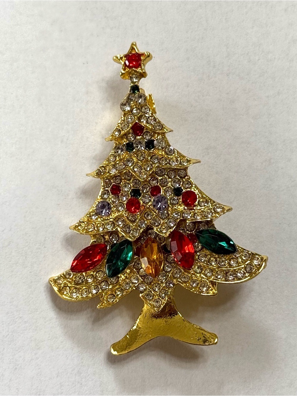 Gold-Tone Red Green Clear Crystal Christmas Tree Brooch New - Picture 4 of 4